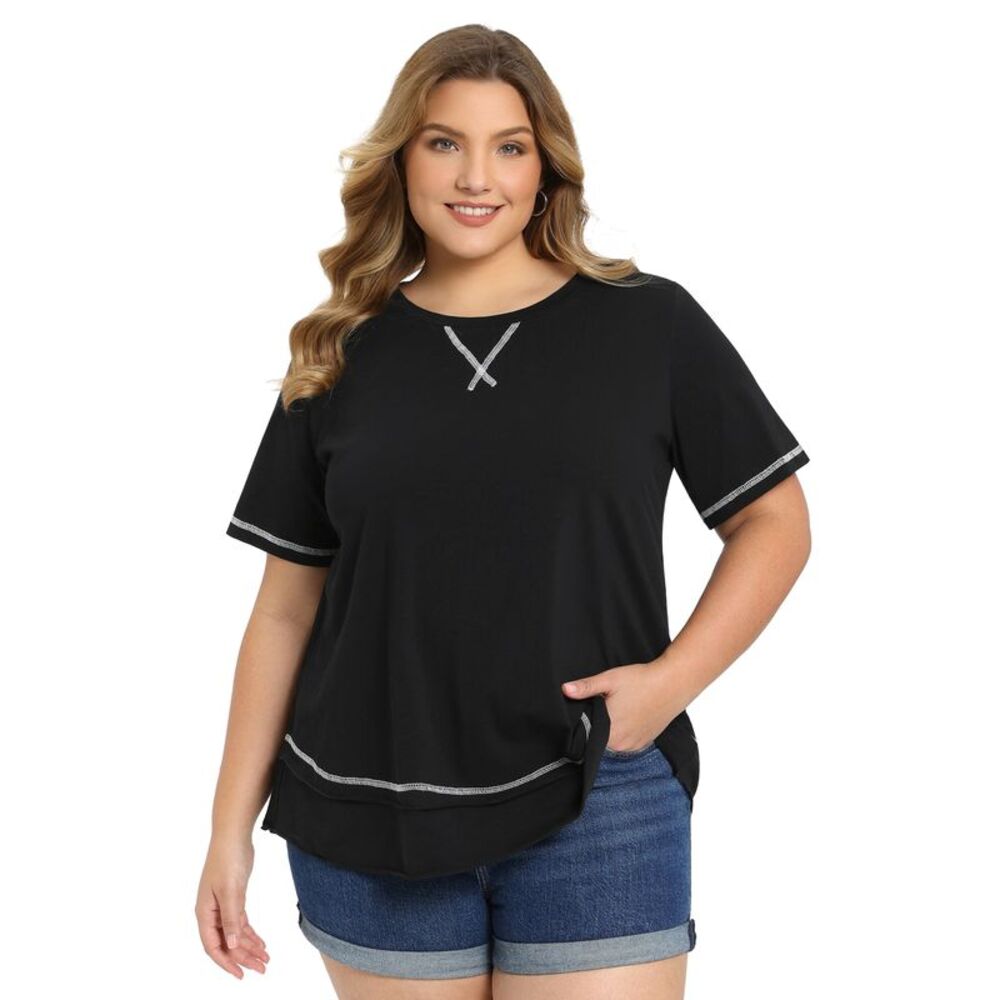 Women Plus Size Summer Crew Neck Short Sleeve Tops Black